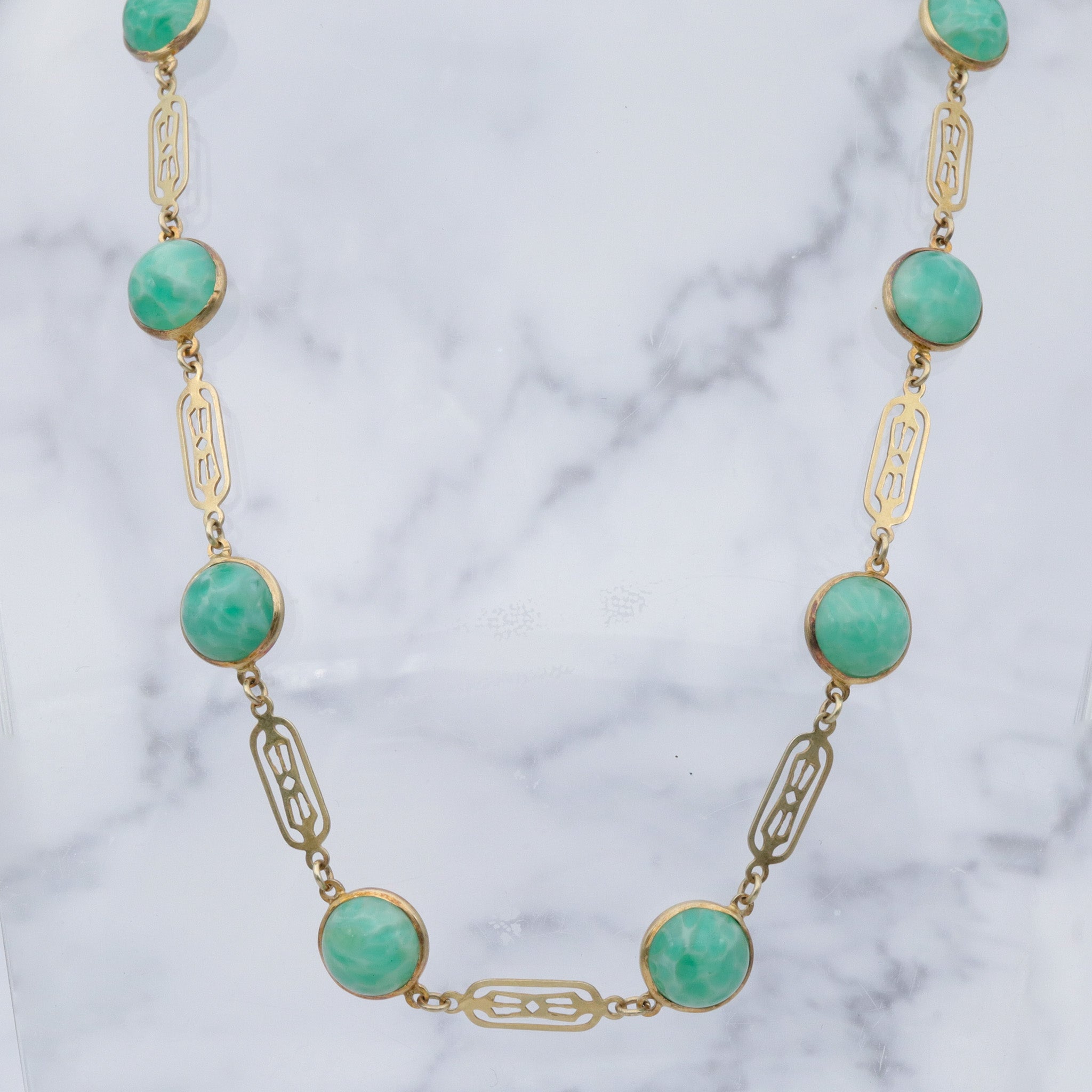 Antique art deco Chinese vermeil sterling tile link & peking glass cabochons necklace - 15"